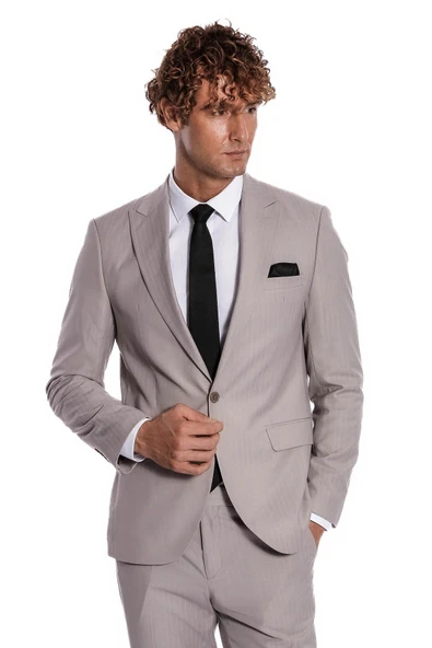 İki Parça Çizgili Slim Fit Gri Erkek Takım Elbise - Wessi ürün görseli 1