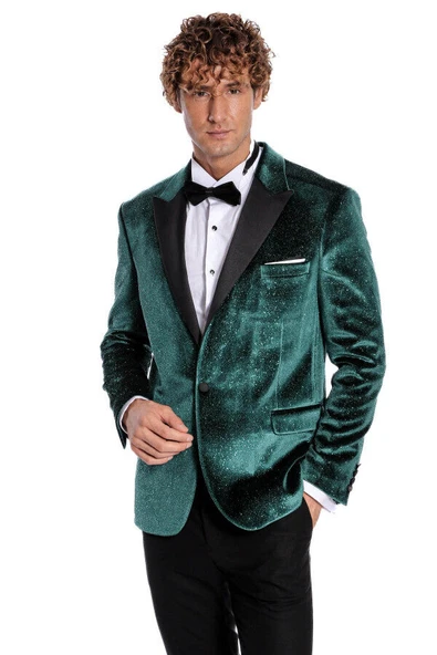 Simli Slim Fit Kadife Yeşil Erkek Smokin Ceket - Wessi ürün görseli 1