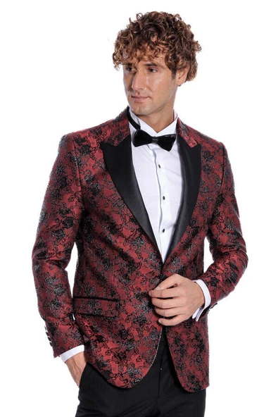 Floral Desenli Slim Fit Bordo Erkek Smokin Ceket - Wessi ürün görseli 1