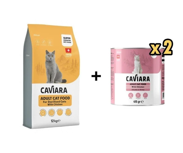 Caviara Tavuklu Kısırlaştırılmış Kedi Maması 12 Kg + 2 Adet Caviara Sos İçinde Et Parçacıklı Tavuklu Yetişkin Kedi Konservesi 415 Gr ürün görseli 1