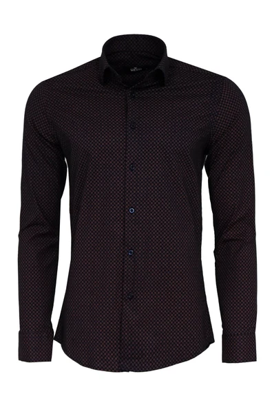 Kahverengi Mini Kare Desenli Slim Fit Gömlek - Wessi ürün görseli 1