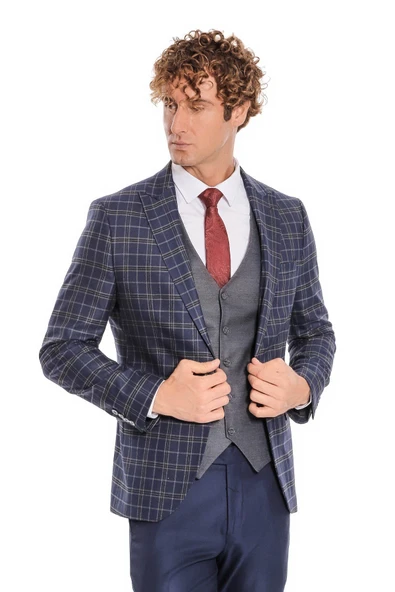 Mavi Yelekli Slim Fit Ekose Lacivert Erkek Takım Elbise - Wessi ürün görseli 1