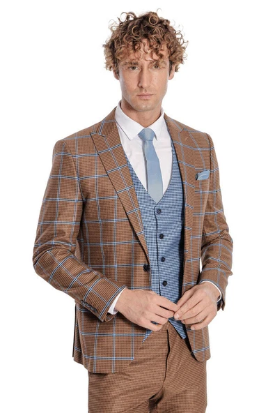 Kahverengi Ekoseli Desenli Yelekli Takım Elbise - Wessi ürün görseli 1