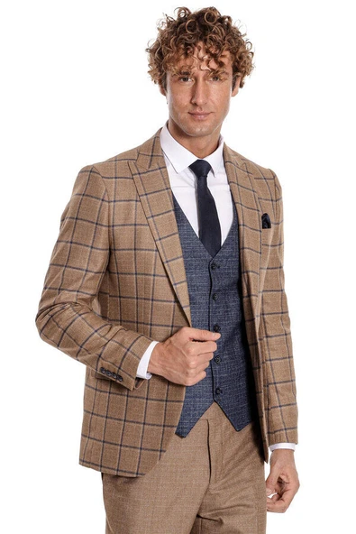 Ekose Ceketli Slim Fit Taba Erkek Takım Elbise - Wessi ürün görseli 1