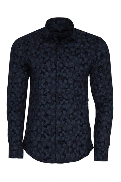 Çiçek Desenli Koyu Mavi Slim Fit Gömlek - Wessi ürün görseli 1