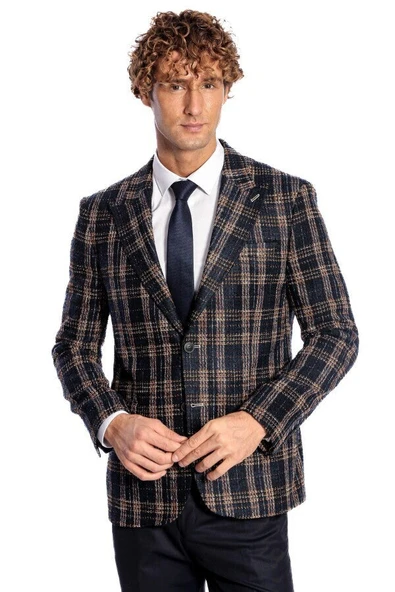 Ekose Desen Slim Fit Lacivert Erkek Ceket - Wessi ürün görseli 1