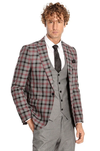 Ekose Ceketli Slim Fit Gri Erkek Takım Elbise - Wessi ürün görseli 1