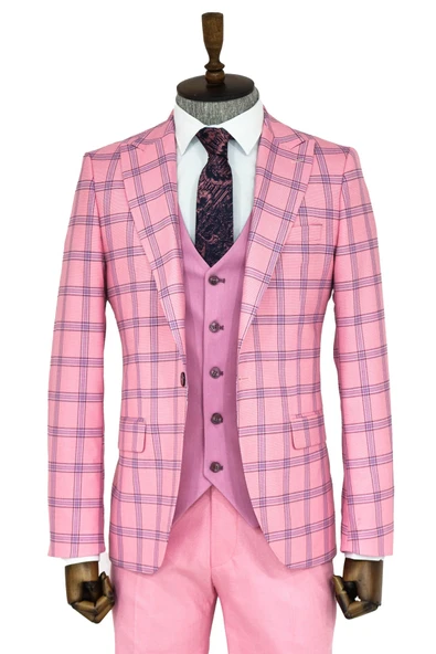 Ekose Ceketli Desenli Slim Fit Pembe Erkek Takım Elbise - Wessi ürün görseli 1