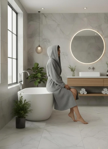 Pamuklu Kapüşonlu Unisex Bornoz - Resim 6