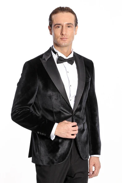 Kadife Slim Fit Siyah Erkek Smokin Ceket - Wessi ürün görseli 1
