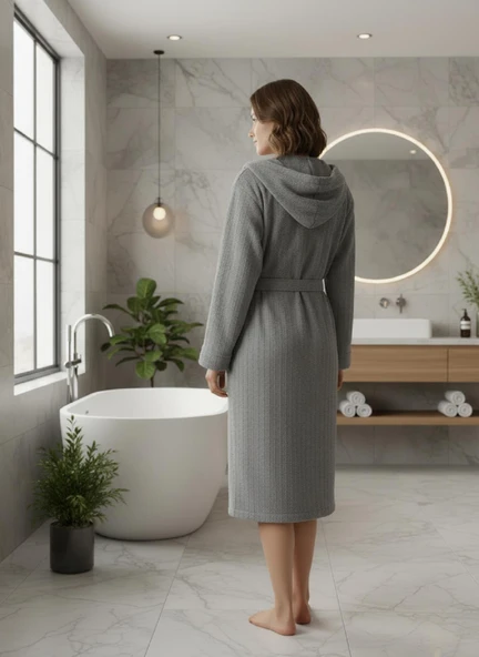 Pamuklu Kapüşonlu Unisex Bornoz - Resim 5