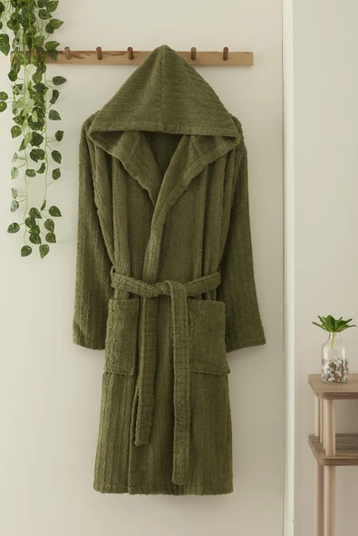 Pamuklu Kapüşonlu Unisex Bornoz - Resim 7
