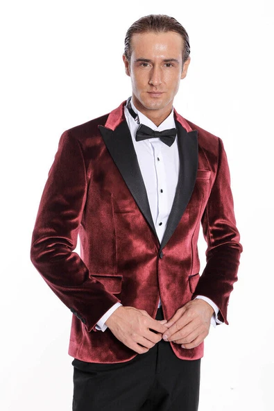 Kadife Slim Fit Bordo Erkek Smokin Ceket - Wessi ürün görseli 1