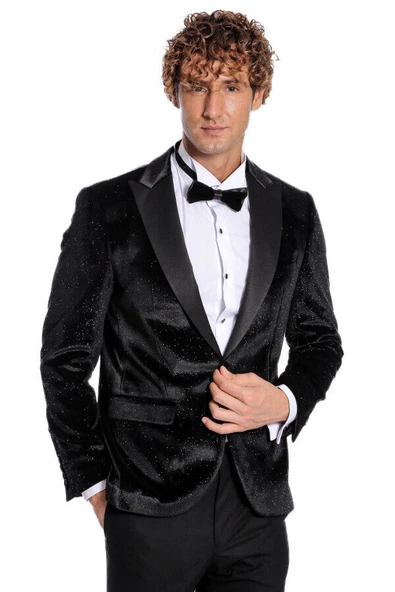 Simli Slim Fit Kadife Siyah Erkek Smokin Ceket - Wessi ürün görseli 1
