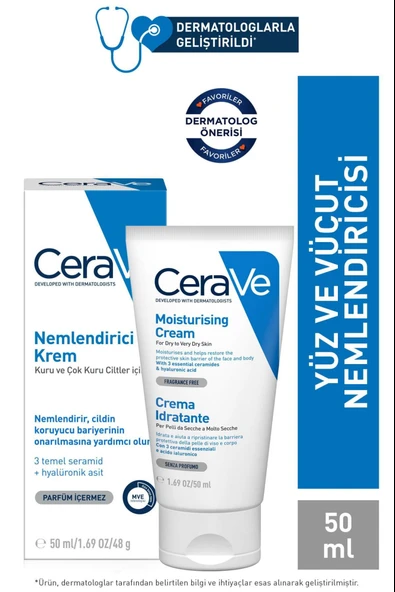 CeraVe Nemlendirici Krem Kuru Ciltler Seramid ve Hyalüronik Asit İçerikli Yüz Vücut 50ml ürün görseli 1