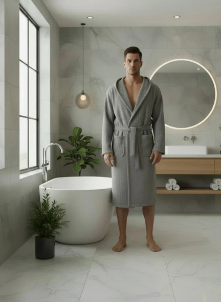 Pamuklu Kapüşonlu Unisex Bornoz - Resim 4