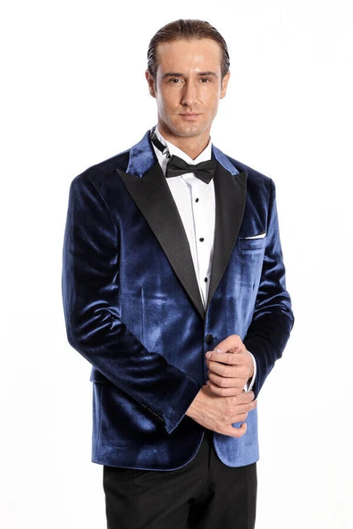 Kadife Slim Fit Mavi Erkek Smokin Ceket - Wessi ürün görseli 1