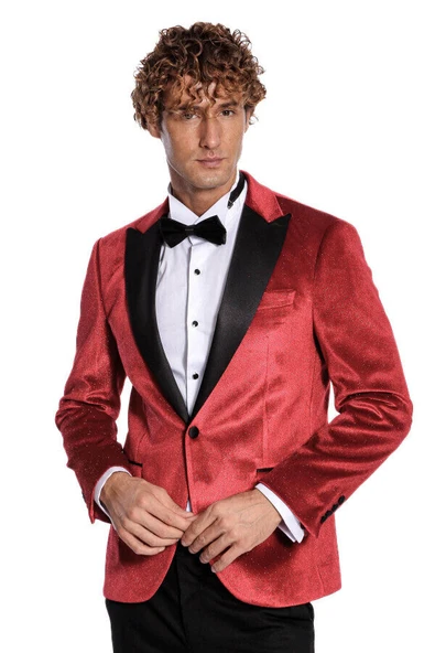 Simli Slim Fit Kadife Kırmızı Erkek Smokin Ceket - Wessi ürün görseli 1
