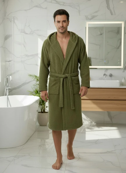 Pamuklu Kapüşonlu Unisex Bornoz - Resim 10