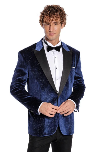 Simli Slim Fit Kadife Lacivert Erkek Smokin Ceket - Wessi ürün görseli 1