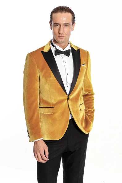 Kadife Slim Fit Sarı Erkek Smokin Ceket - Wessi ürün görseli 1