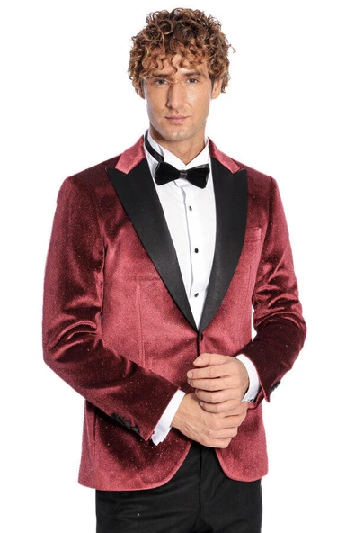 Simli Slim Fit Kadife Bordo Erkek Smokin Ceket - Wessi ürün görseli 1