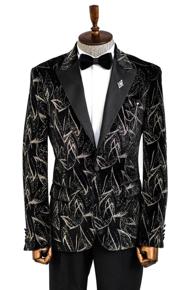 Slim Fit Simli Siyah Erkek Smokin Ceket - Wessi ürün görseli 1