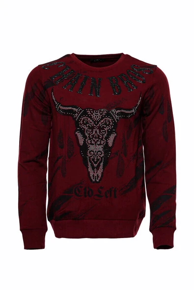 Bordo Taşlı Baskılı Bisiklet Yaka Sweatshirt - Wessi ürün görseli 1