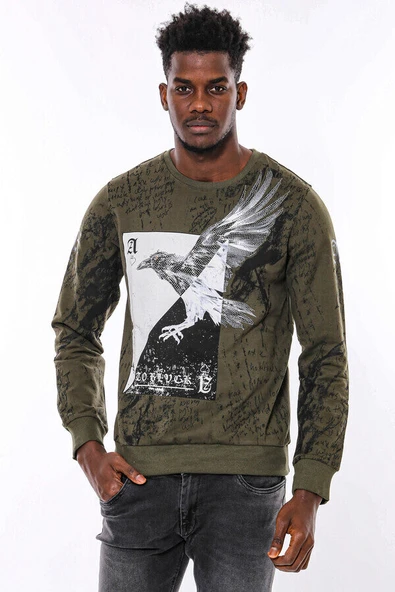 Yeşil Baskılı Taşlı Bisiklet Yaka Sweatshirt - Wessi ürün görseli 1