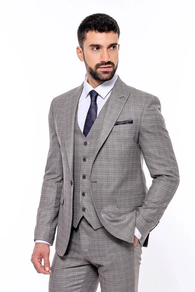 Ekose Desenli Yelekli Slim Fit Bej Erkek Takım Elbise - Wessi ürün görseli 1