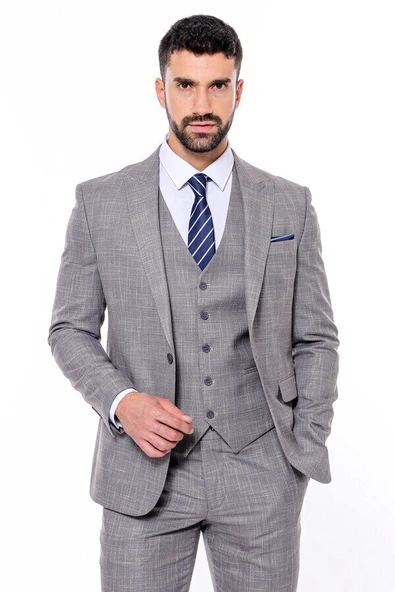 Ekose Desenli Yelekli Slim Fit Gri Erkek Takım Elbise - Wessi ürün görseli 1