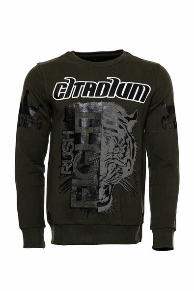 Yeşil Baskılı Taşlı Bisiklet Yaka Sweatshirt - Wessi ürün görseli 1