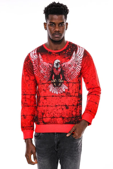 Kırmızı Baskılı Bisiklet Yaka Sweatshirt - Wessi ürün görseli 1