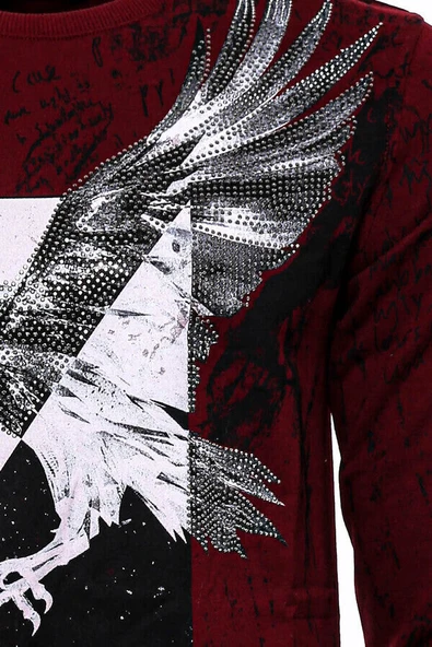 Bordo Taşlı Baskılı Sweatshirt - Wessi - Resim 2