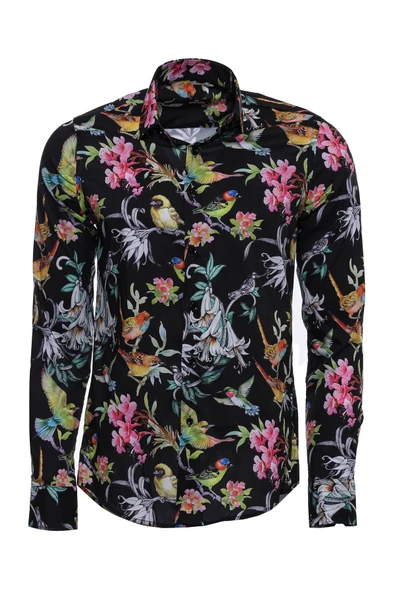 Kuş Ve Çiçek Desenli Slim Fit Uzun Kollu Siyah Erkek Gömlek - Wessi ürün görseli 1