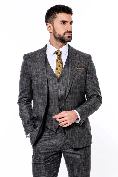 Kendinden Desenli Yelekli Slim Fit Siyah Takım Elbise - Wessi ürün görseli 1