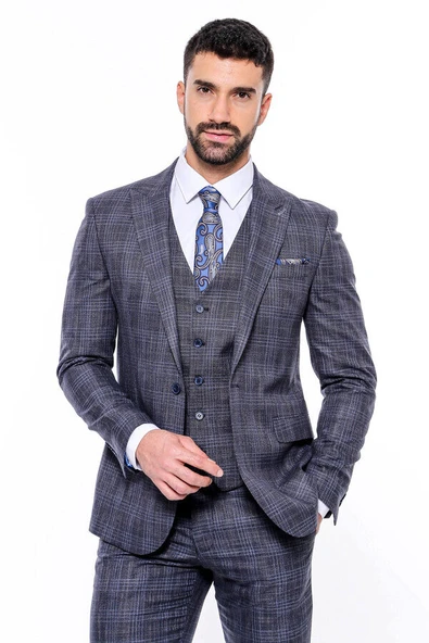 Kendinden Desenli Yelekli Slim Fit Lacivert Takım Elbise - Wessi ürün görseli 1