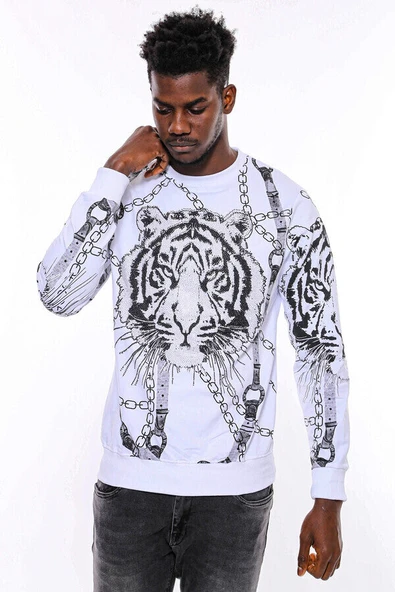 Beyaz Baskılı Ve Taşlı Bisiklet Yaka Sweatshirt - Wessi ürün görseli 1