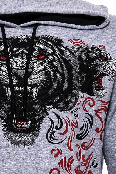 Gri Taşlı Baskılı Kapşonşlu Sweatshirt - Wessi - Resim 8