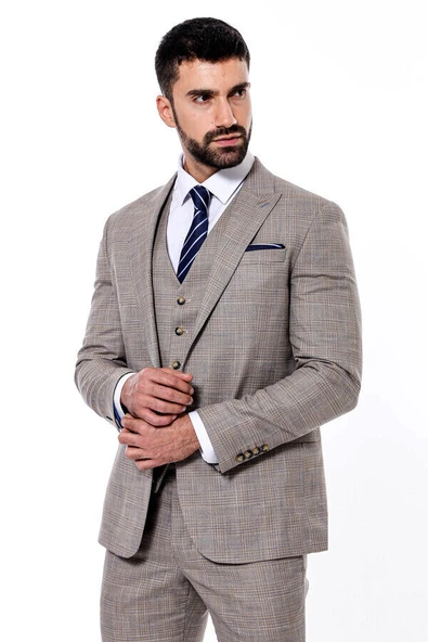 Kendinden Desenli Yelekli Slim Fit Bej Takım Elbise - Wessi ürün görseli 1