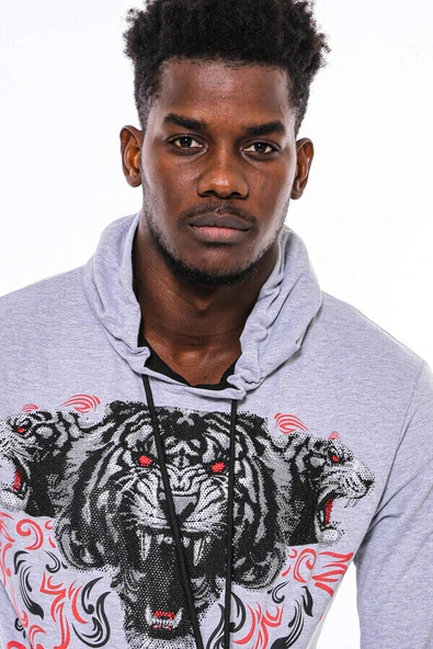 Gri Taşlı Baskılı Kapşonşlu Sweatshirt - Wessi - Resim 2