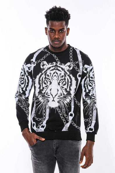 Siyah Taşlı Baskılı  Bisiklet Yaka Sweatshirt - Wessi ürün görseli 1