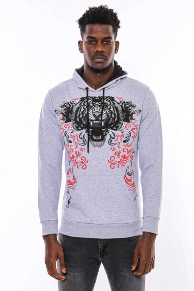 Gri Taşlı Baskılı Kapşonşlu Sweatshirt - Wessi - Resim 7