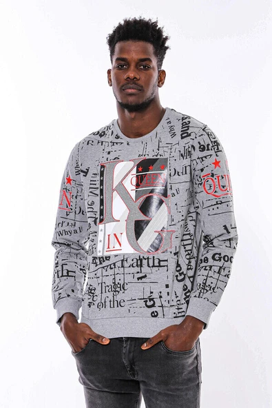 Gri Taşlı Baskılı Desenli Sweatshirt - Wessi ürün görseli 1