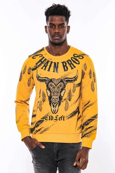Hardal Baskılı Taşlı Bisiklet Yaka Sweatshirt - Wessi ürün görseli 1