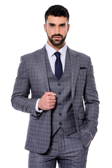 Ekose Desenli Yelekli Slim Fit Lacivert Erkek Takım Elbise - Wessi ürün görseli 1