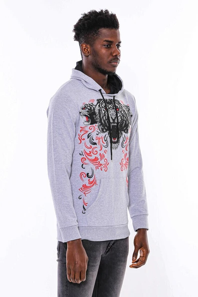 Gri Taşlı Baskılı Kapşonşlu Sweatshirt - Wessi - Resim 9