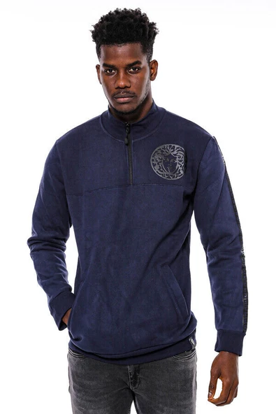 Lacivert Fermuarlı Baskılı Sweatshirt - Wessi ürün görseli 1