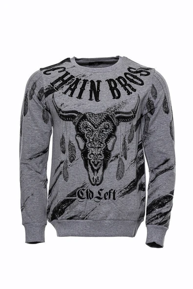 Gri Taşlı Baskılı Desenli Sweatshirt - Wessi ürün görseli 1