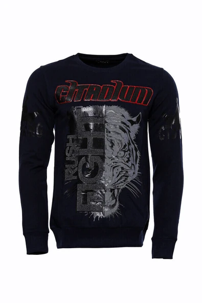 Lacivert Taşlı Baskılı Desenli Sweatshirt - Wessi ürün görseli 1